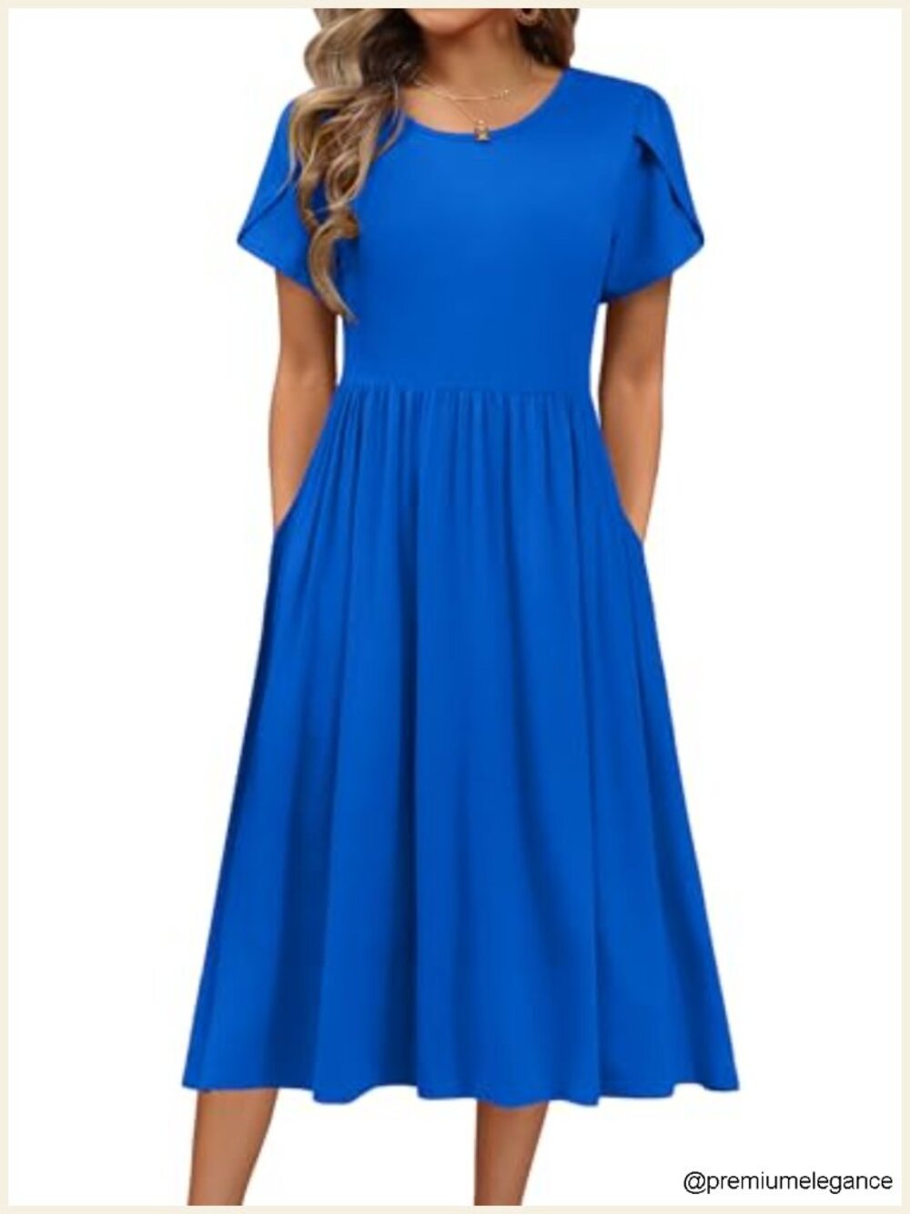 Women's A-Line Midi Dress Flowy Short Sleeve Sundress with Pockets